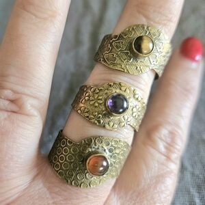 Set Of 3 Brass Embossed Artisan Rings Carnelian, Tigers Eye, Amethyst Size 8.25